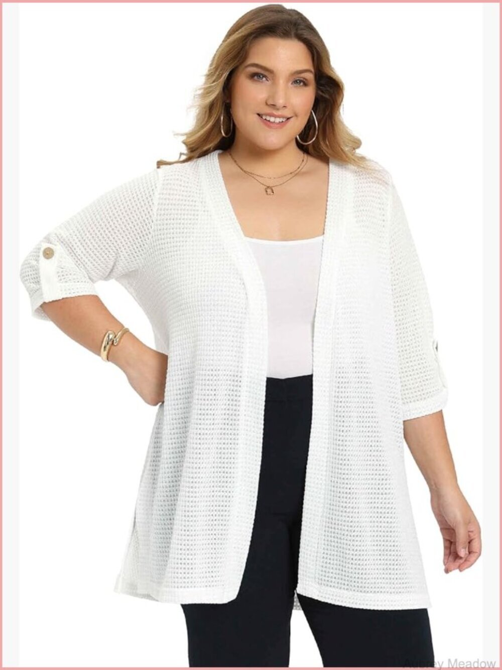 Plus Size 3/4 Sleeve Knit Cardigan Side Slits Open Front Lightweight Cover Up